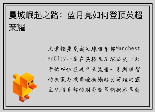 曼城崛起之路：蓝月亮如何登顶英超荣耀
