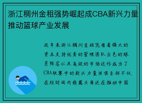 浙江稠州金租强势崛起成CBA新兴力量推动篮球产业发展