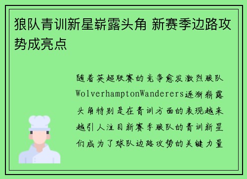 狼队青训新星崭露头角 新赛季边路攻势成亮点